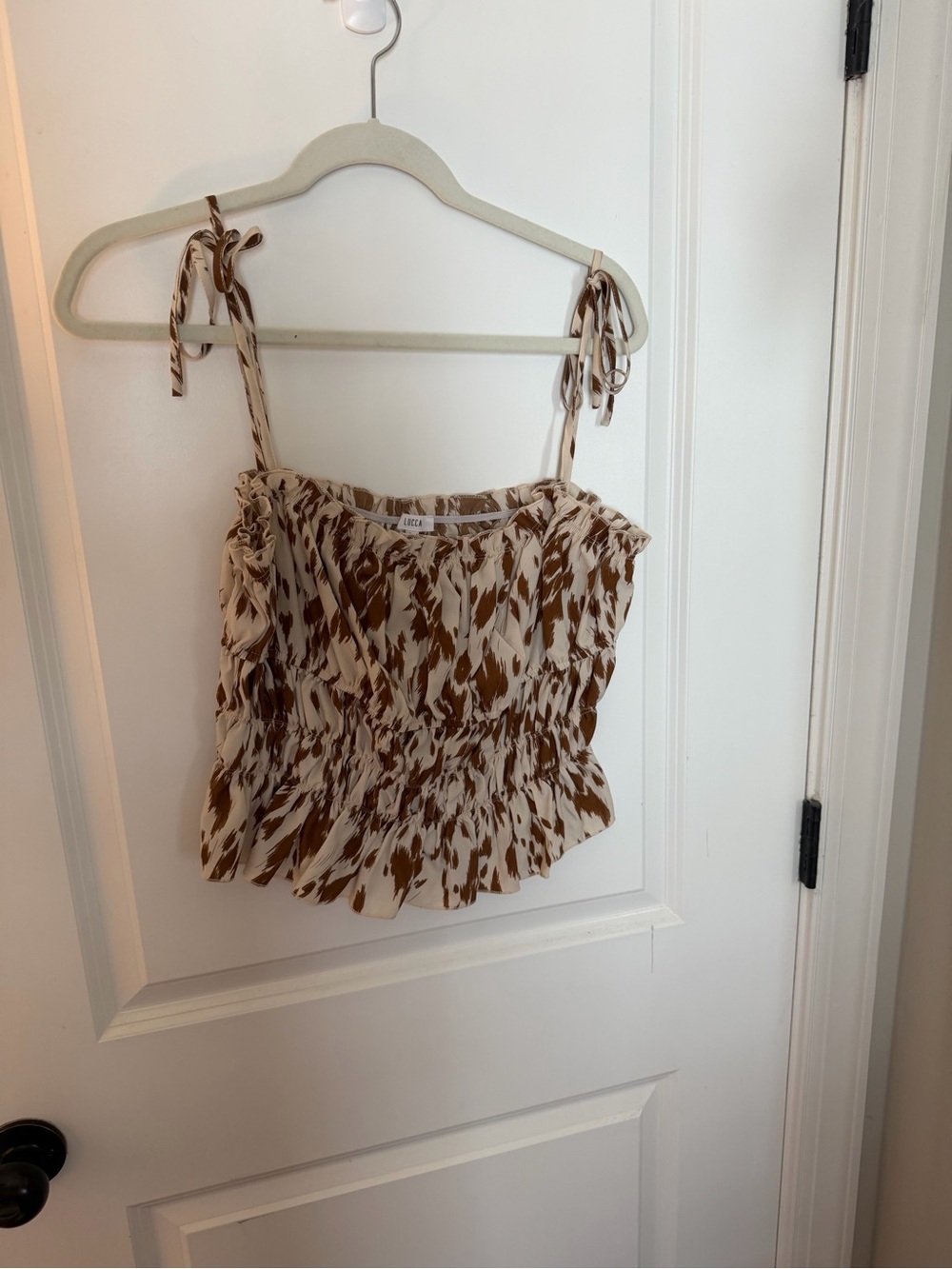 Tie-Shoulder Smocked Peplum Camisole in Brown and White